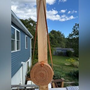 BOHO 8" Round Woven Rattan & Leather Canteen Crossbody Bag Lined Snap Closure